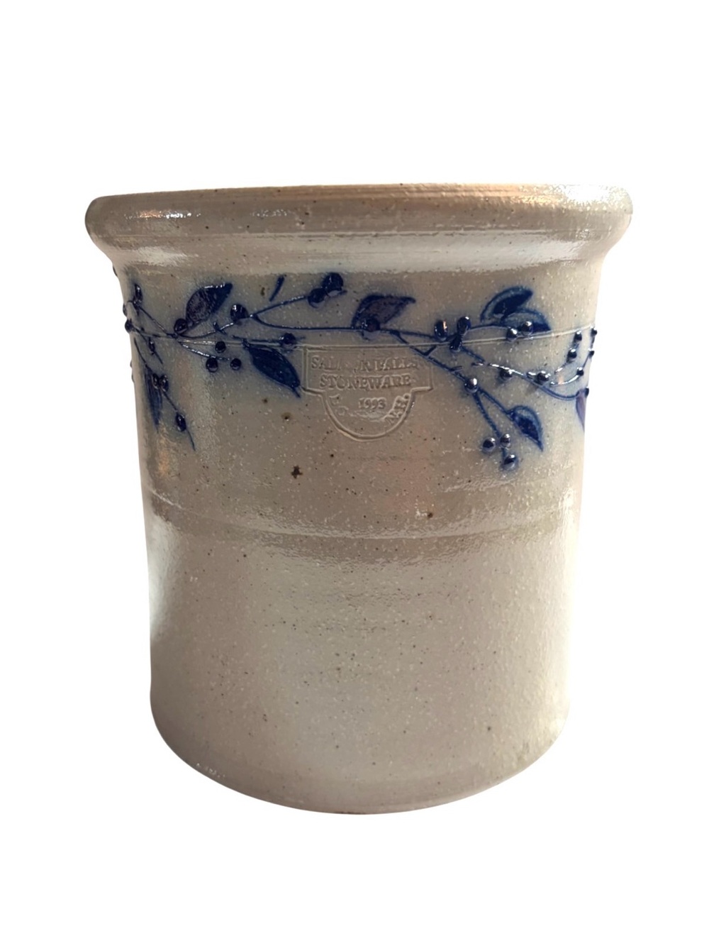 Vintage Salmon Falls Stoneware Pottery Hand-Painted Blueberry Vine 7” Crock